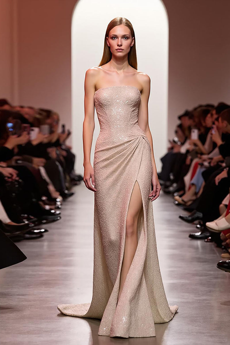 Load image into Gallery viewer, Sparkly Champagne Strapless Sequins Long Evening Dress with Slit