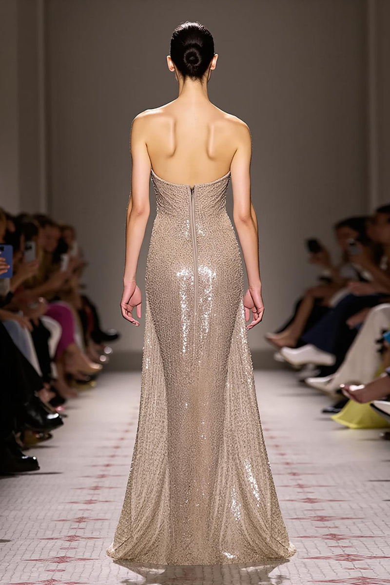 Load image into Gallery viewer, Sparkly Champagne Strapless Sequins Backless Long Strapless Evening Dress