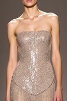 Load image into Gallery viewer, Sparkly Champagne Strapless Sequins Backless Long Strapless Evening Dress