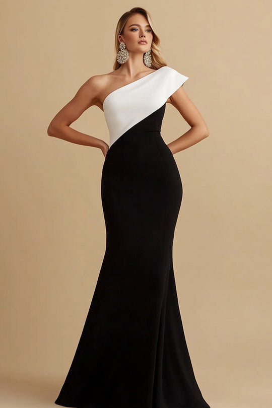 Queendancer Women Elegant Black and White Satin Long Evening Dress Mermaid One Shoulder Formal Dress