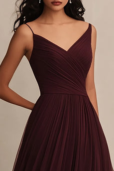 Burgundy Tulle A Line Spaghetti Straps Long Evening Dress