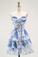 Load image into Gallery viewer, Floral White Blue A Line Short Corset Homecoming Dress with Ruffles