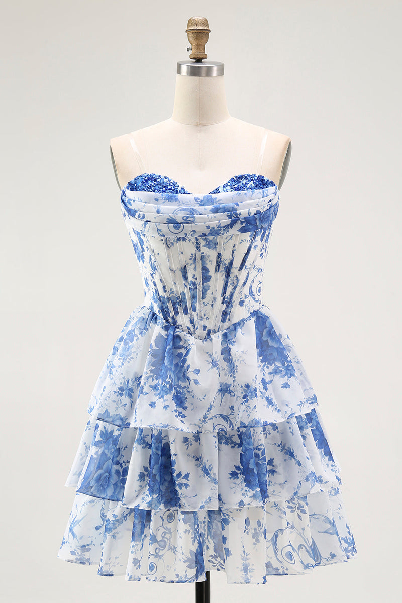 Load image into Gallery viewer, Floral White Blue A Line Short Corset Homecoming Dress with Ruffles