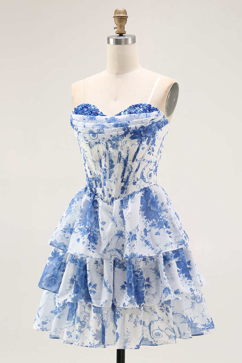 Load image into Gallery viewer, Floral White Blue A Line Short Corset Homecoming Dress with Ruffles