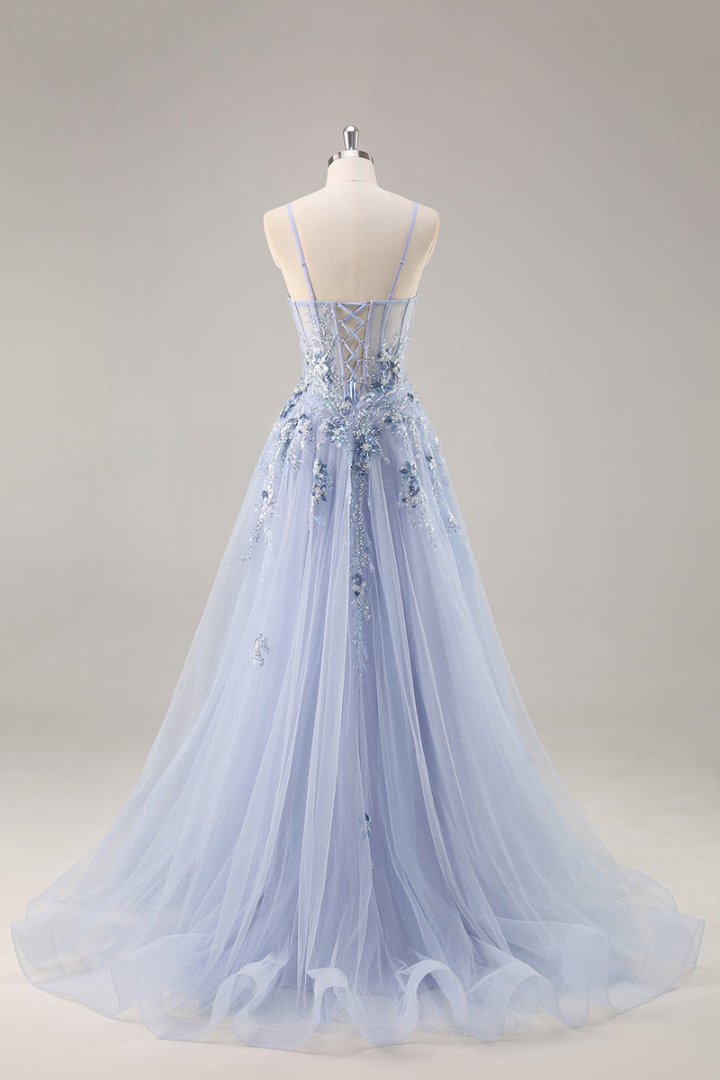 Load image into Gallery viewer, Sparkly Grey Blue Corset Tulle A Line Long Prom Dress with Appliques