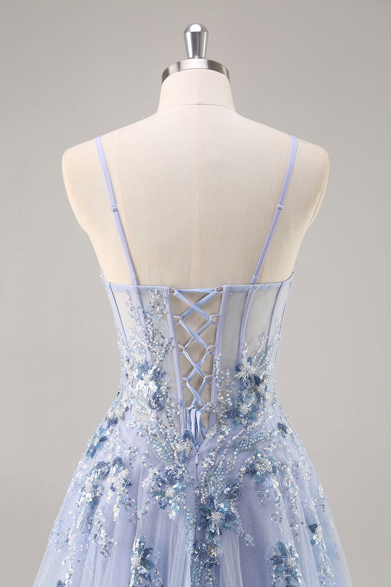Load image into Gallery viewer, Sparkly Grey Blue Corset Tulle A Line Long Prom Dress with Appliques