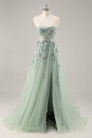 Load image into Gallery viewer, Sparkly Grey Blue Corset Tulle A Line Long Prom Dress with Appliques