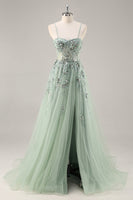 Load image into Gallery viewer, Sparkly Green Floral Corset Tulle Long Prom Dress with Appliques