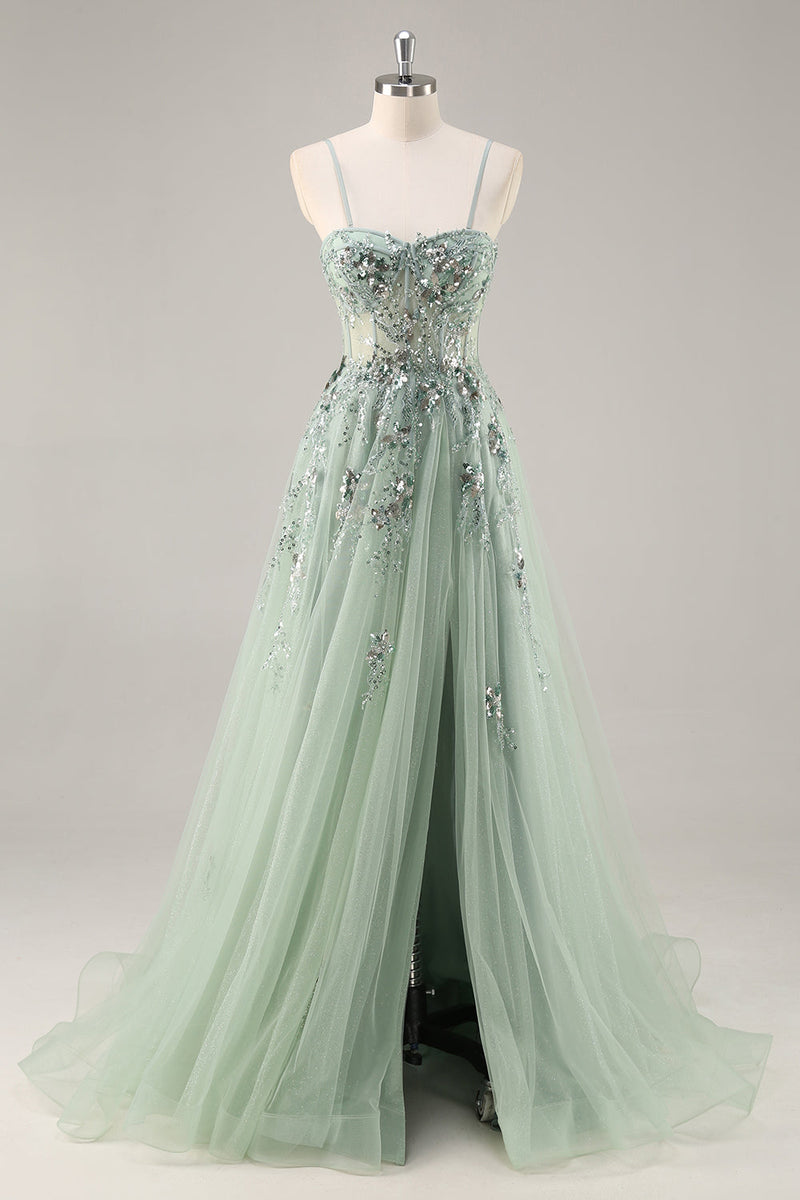 Load image into Gallery viewer, Sparkly Grey Blue Corset Tulle A Line Long Prom Dress with Appliques