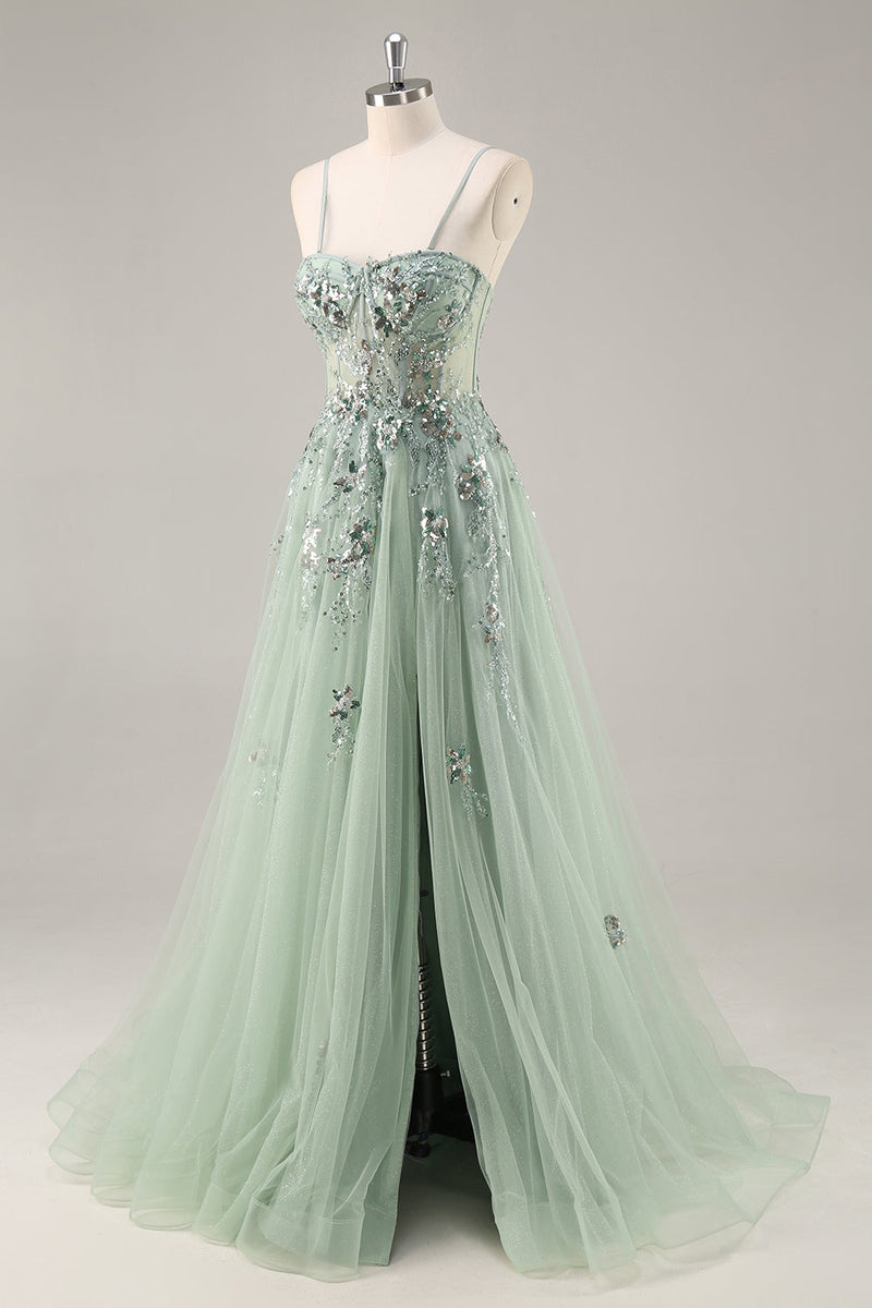 Load image into Gallery viewer, Sparkly Grey Blue Corset Tulle A Line Long Prom Dress with Appliques