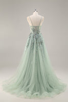Load image into Gallery viewer, Sparkly Green Floral Corset Tulle Long Prom Dress with Appliques