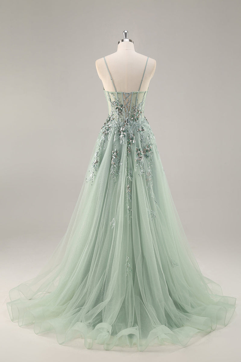 Load image into Gallery viewer, Sparkly Green Floral Corset Tulle Long Prom Dress with Appliques