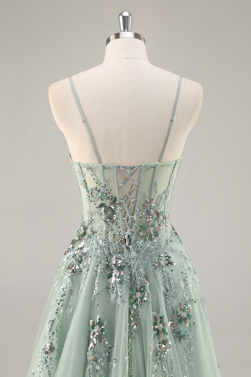 Load image into Gallery viewer, Sparkly Grey Blue Corset Tulle A Line Long Prom Dress with Appliques