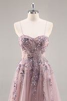 Load image into Gallery viewer, Sparkly Grey Pink A Line Long Corset Prom Dress with Appliques
