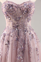 Load image into Gallery viewer, Sparkly Grey Pink A Line Long Corset Prom Dress with Appliques