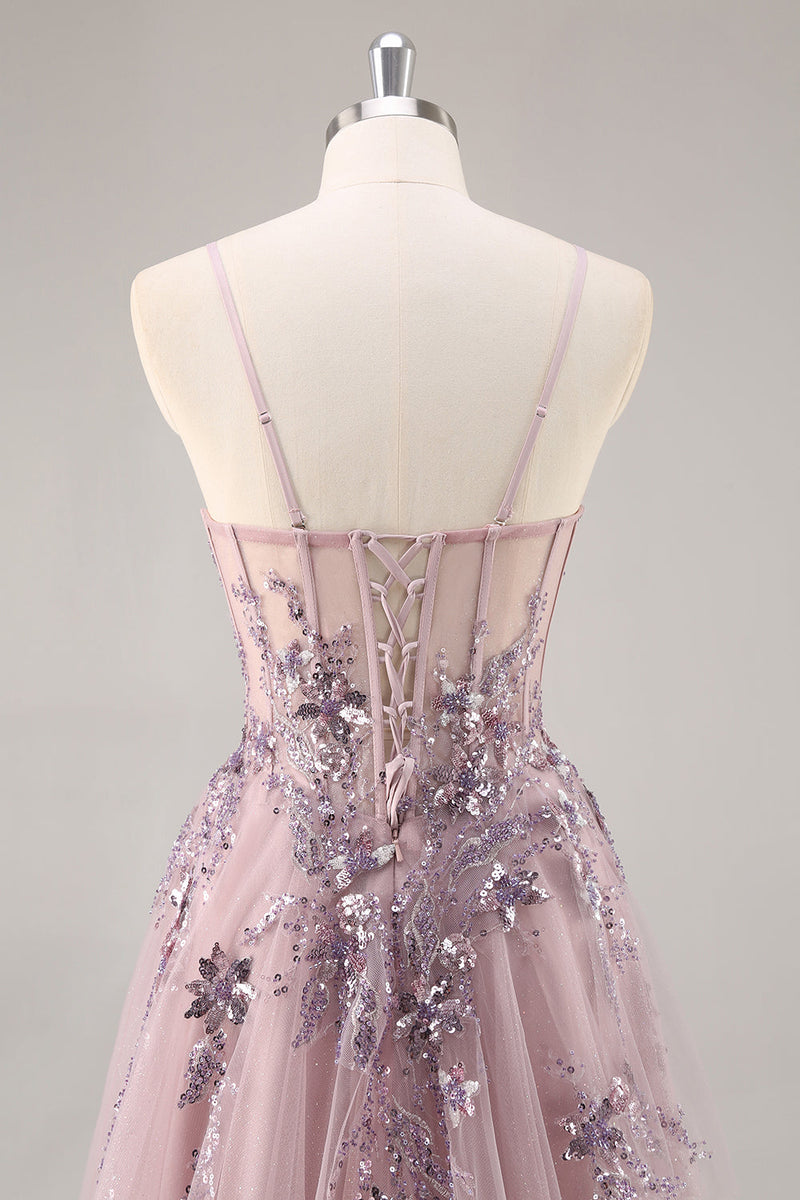 Load image into Gallery viewer, Sparkly Grey Blue Corset Tulle A Line Long Prom Dress with Appliques