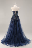 Load image into Gallery viewer, Sparkly Grey Blue Corset Tulle A Line Long Prom Dress with Appliques