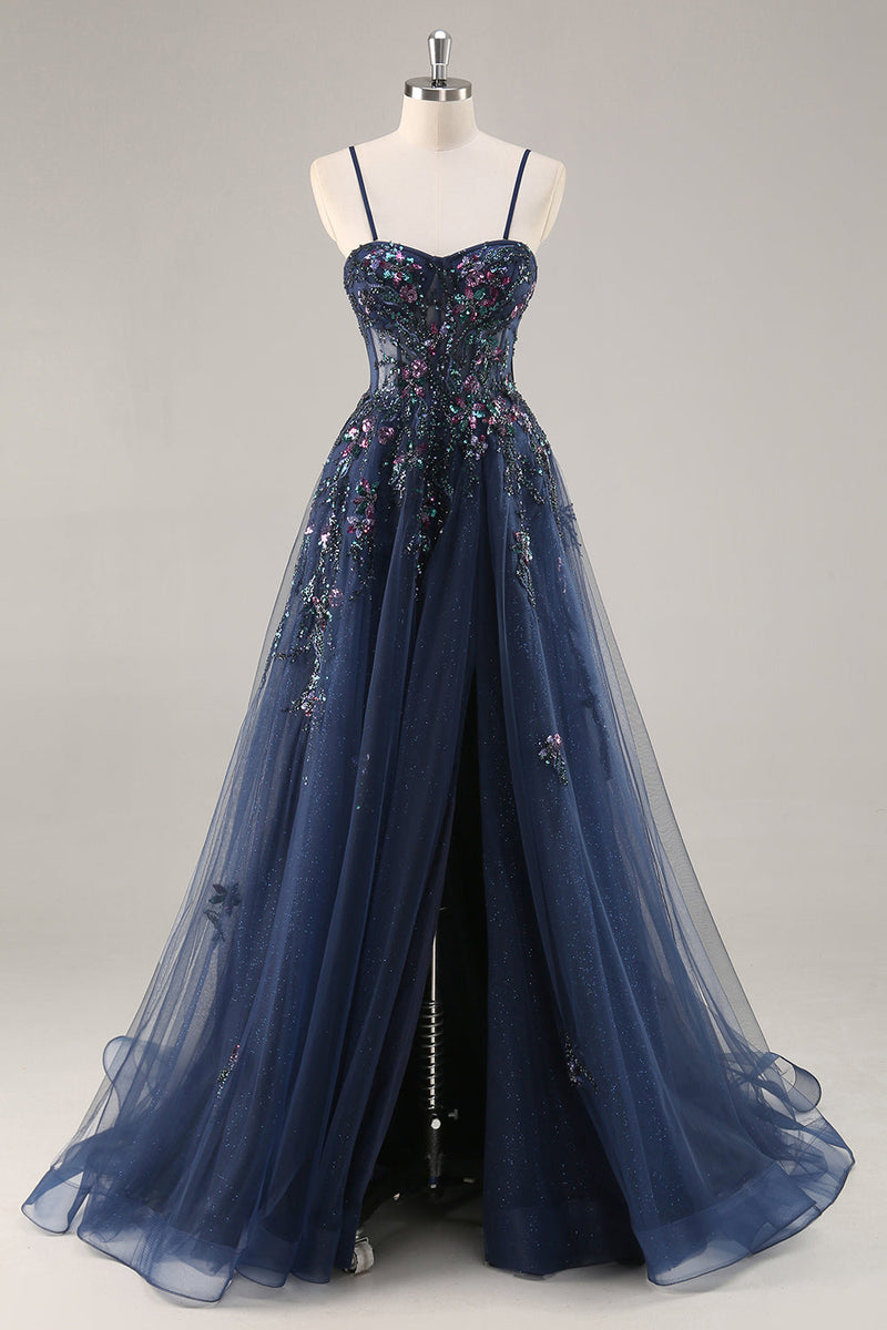 Load image into Gallery viewer, Sparkly Navy Corset Long Sweetheart Prom Dress with Appliques