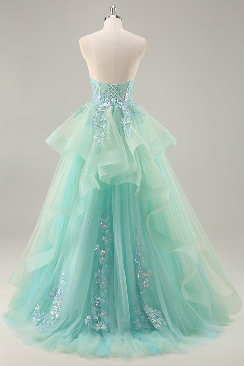 Load image into Gallery viewer, Sparkly Green Ball Gown Strapless Long Corset Prom Dress with Ruffles
