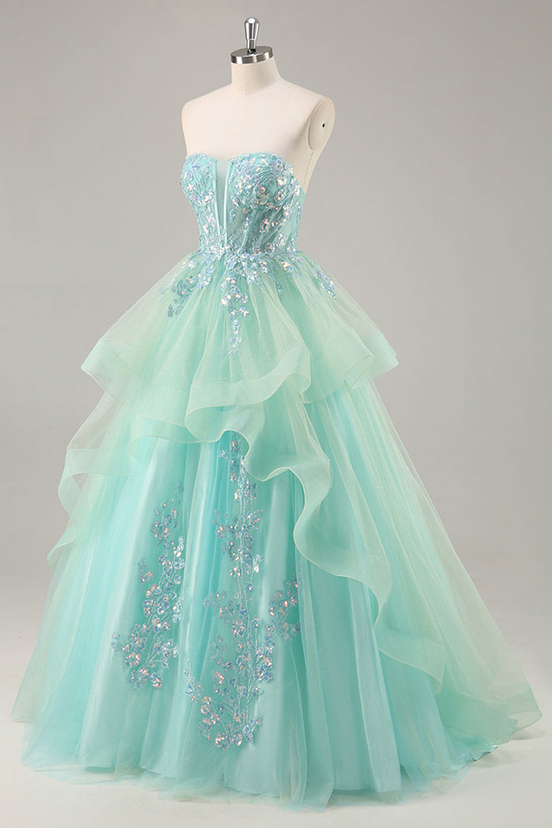 Load image into Gallery viewer, Sparkly Green Ball Gown Strapless Long Corset Prom Dress with Ruffles