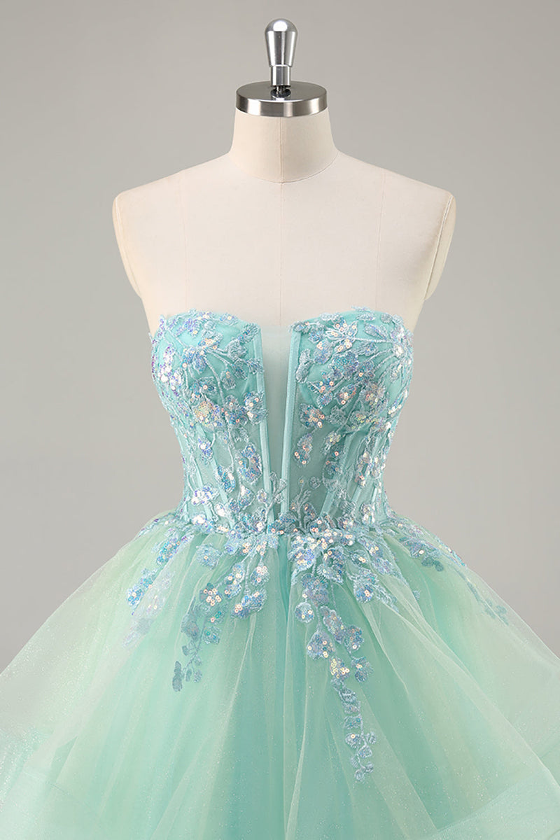 Load image into Gallery viewer, Sparkly Green Ball Gown Strapless Long Corset Prom Dress with Ruffles