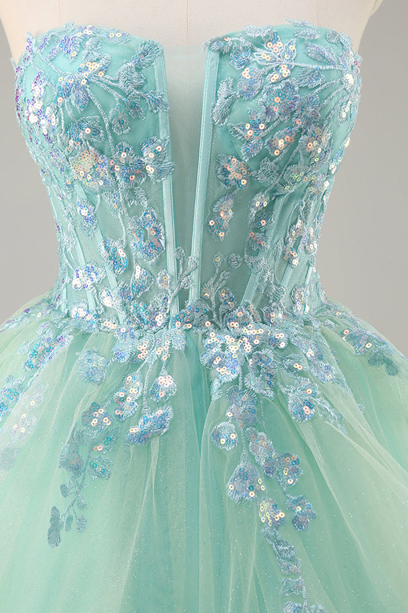 Load image into Gallery viewer, Sparkly Green Ball Gown Strapless Long Corset Prom Dress with Ruffles