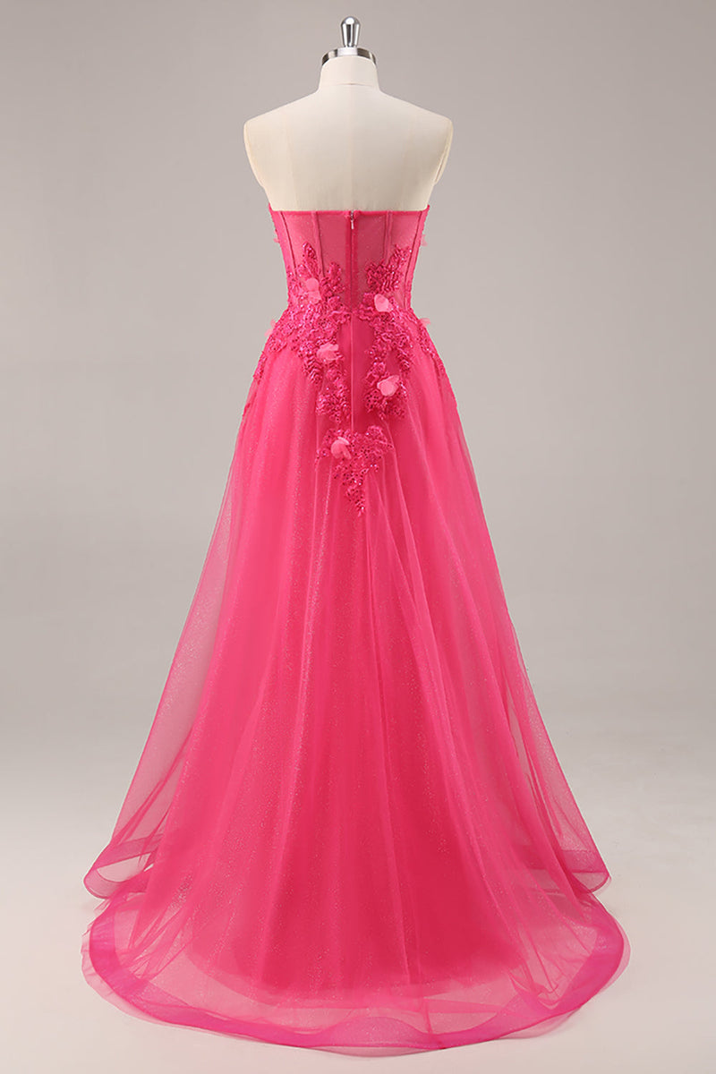 Load image into Gallery viewer, Floral Fuchsia Corset Sweetheart Long Tulle Prom Dress with Slit