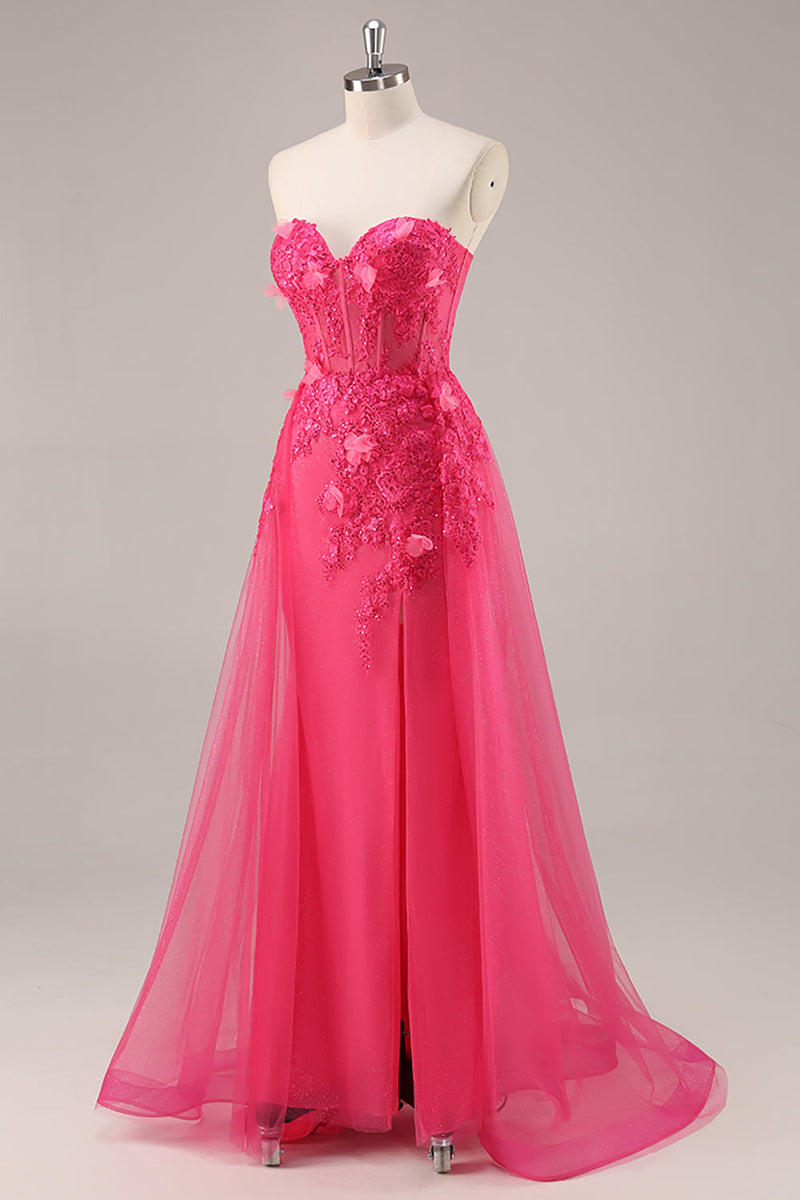 Load image into Gallery viewer, Floral Fuchsia Corset Sweetheart Long Tulle Prom Dress with Slit