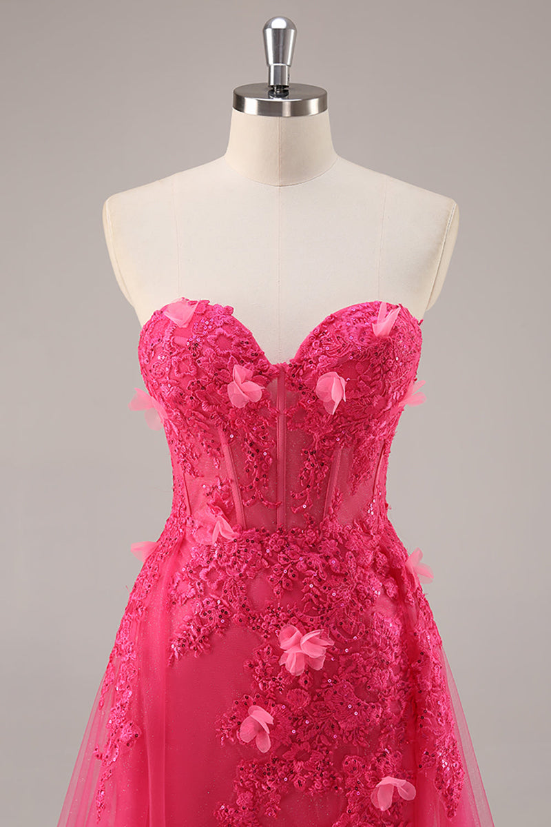 Load image into Gallery viewer, Floral Fuchsia Corset Sweetheart Long Tulle Prom Dress with Slit