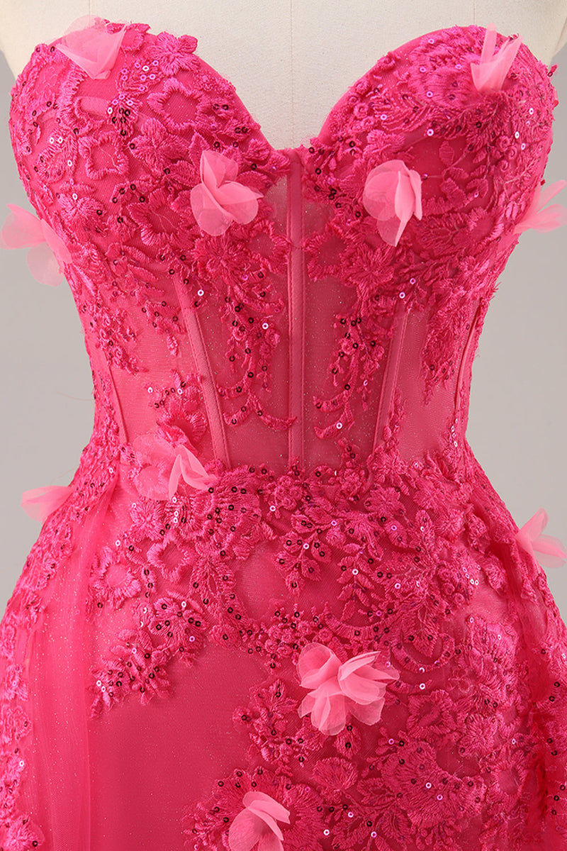 Load image into Gallery viewer, Floral Fuchsia Corset Sweetheart Long Tulle Prom Dress with Slit