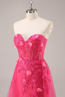 Load image into Gallery viewer, Floral Fuchsia Corset Sweetheart Long Tulle Prom Dress with Slit