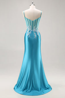 Blue Corset Satin Mermaid Long Appliqued Prom Dress with Slit