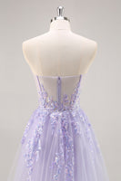 Load image into Gallery viewer, Sparkly Lilac Tulle Corset Strapless Long Prom Dress with Appliques
