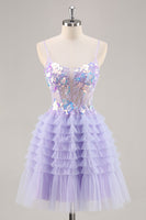 Load image into Gallery viewer, Sparkly Purple Floral Short Corset Tiered Homecoming Dress with Ruffles
