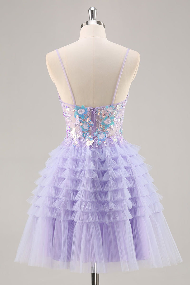 Load image into Gallery viewer, Sparkly Purple Floral Short Corset Tiered Homecoming Dress with Ruffles