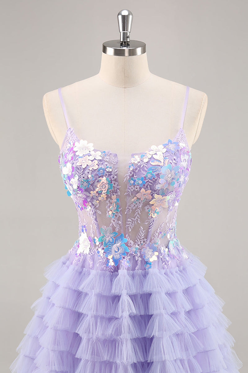 Load image into Gallery viewer, Sparkly Purple Floral Short Corset Tiered Homecoming Dress with Ruffles