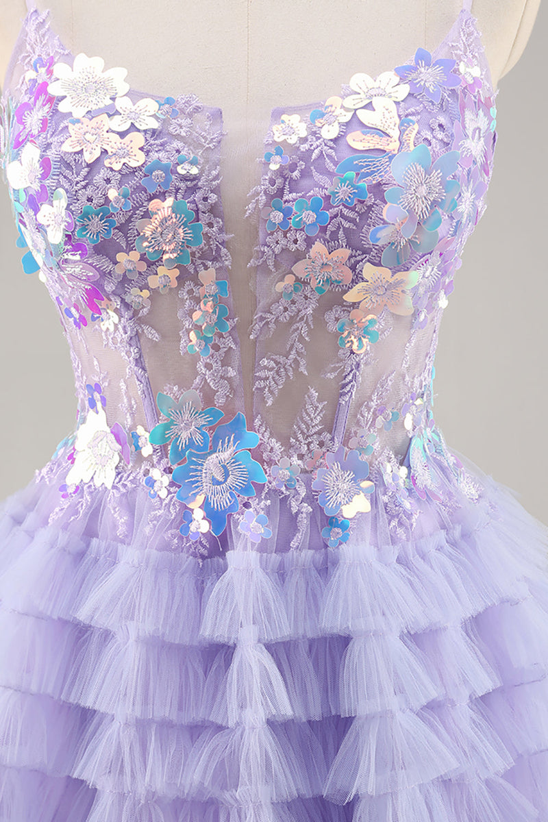 Load image into Gallery viewer, Sparkly Purple Floral Short Corset Tiered Homecoming Dress with Ruffles