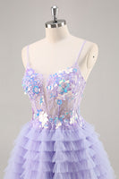Load image into Gallery viewer, Sparkly Purple Floral Short Corset Tiered Homecoming Dress with Ruffles