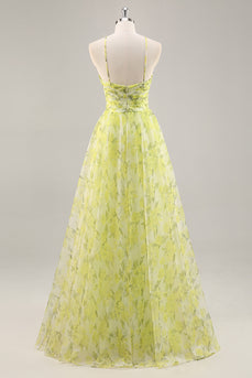 Yellow Green Floral Tulle Long Ruched Prom Dress with Keyhole