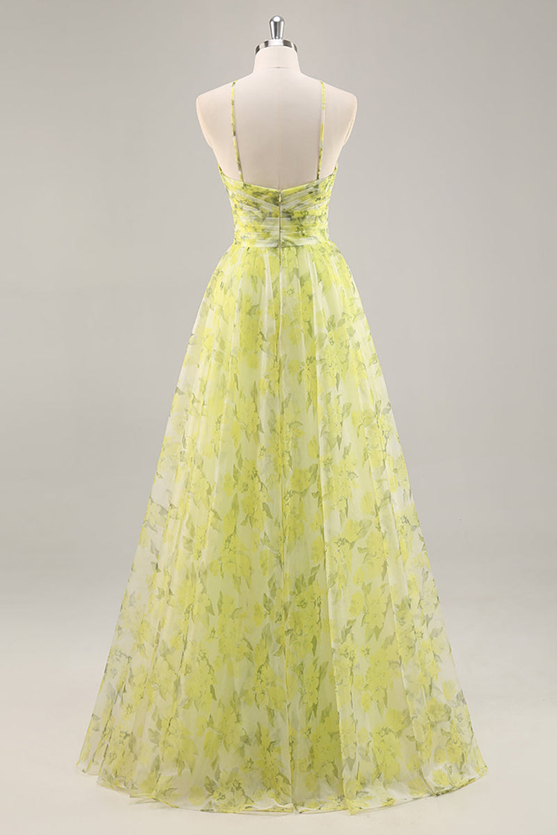 Load image into Gallery viewer, Yellow Green Floral Tulle Long Ruched Prom Dress with Keyhole