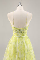 Load image into Gallery viewer, Yellow Green Floral Tulle Long Ruched Prom Dress with Keyhole