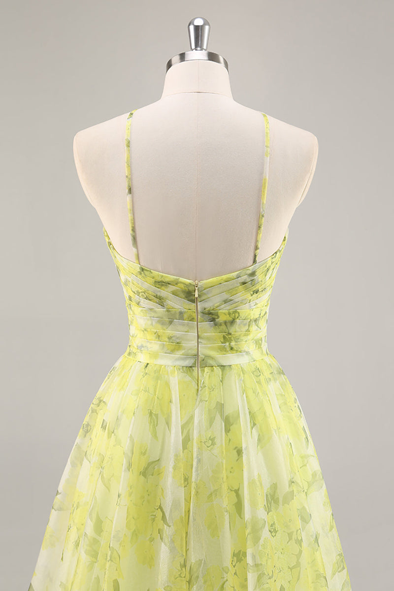 Load image into Gallery viewer, Yellow Green Floral Tulle Long Ruched Prom Dress with Keyhole