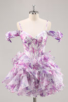 Load image into Gallery viewer, Floral Purple A Line Chiffon Short Corset Homecoming Dress