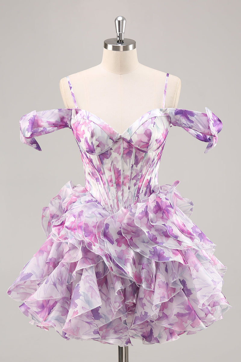 Load image into Gallery viewer, Floral Purple A Line Chiffon Short Corset Homecoming Dress