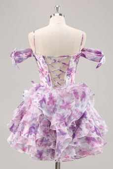 Floral Purple A Line Chiffon Short Corset Homecoming Dress
