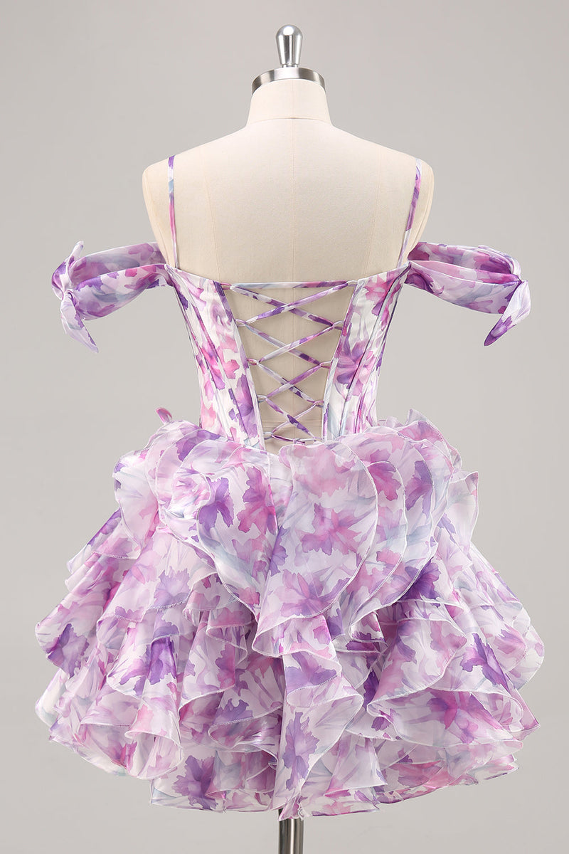 Load image into Gallery viewer, Floral Purple A Line Chiffon Short Corset Homecoming Dress