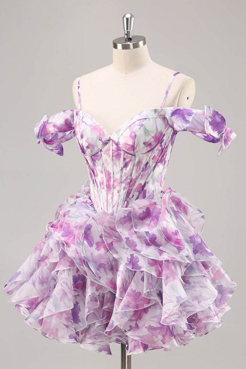 Load image into Gallery viewer, Floral Purple A Line Chiffon Short Corset Homecoming Dress