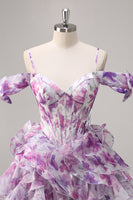 Load image into Gallery viewer, Floral Purple A Line Chiffon Short Corset Homecoming Dress