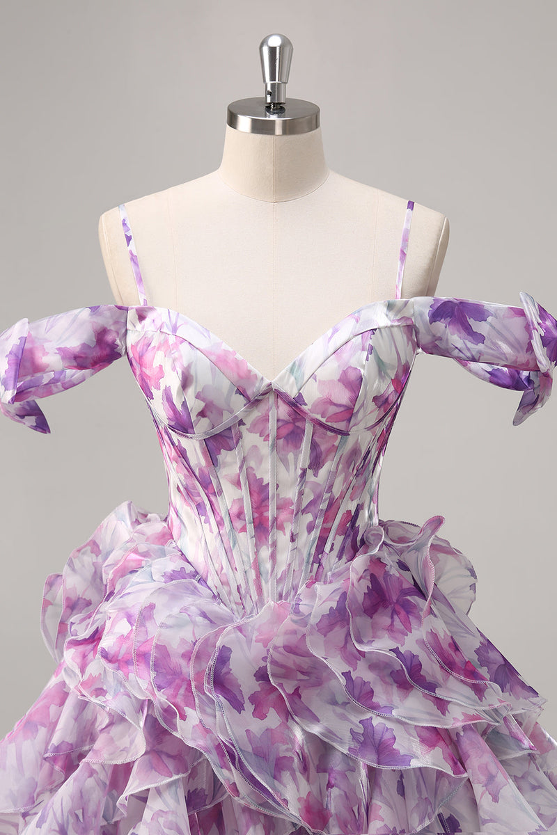 Load image into Gallery viewer, Floral Purple A Line Chiffon Short Corset Homecoming Dress