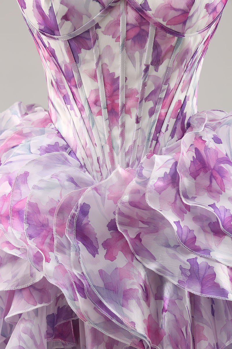 Load image into Gallery viewer, Floral Purple A Line Chiffon Short Corset Homecoming Dress